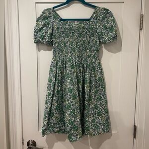 J.Crew Gathered Cotton Poplin Dress Green Floral Print Size S/M